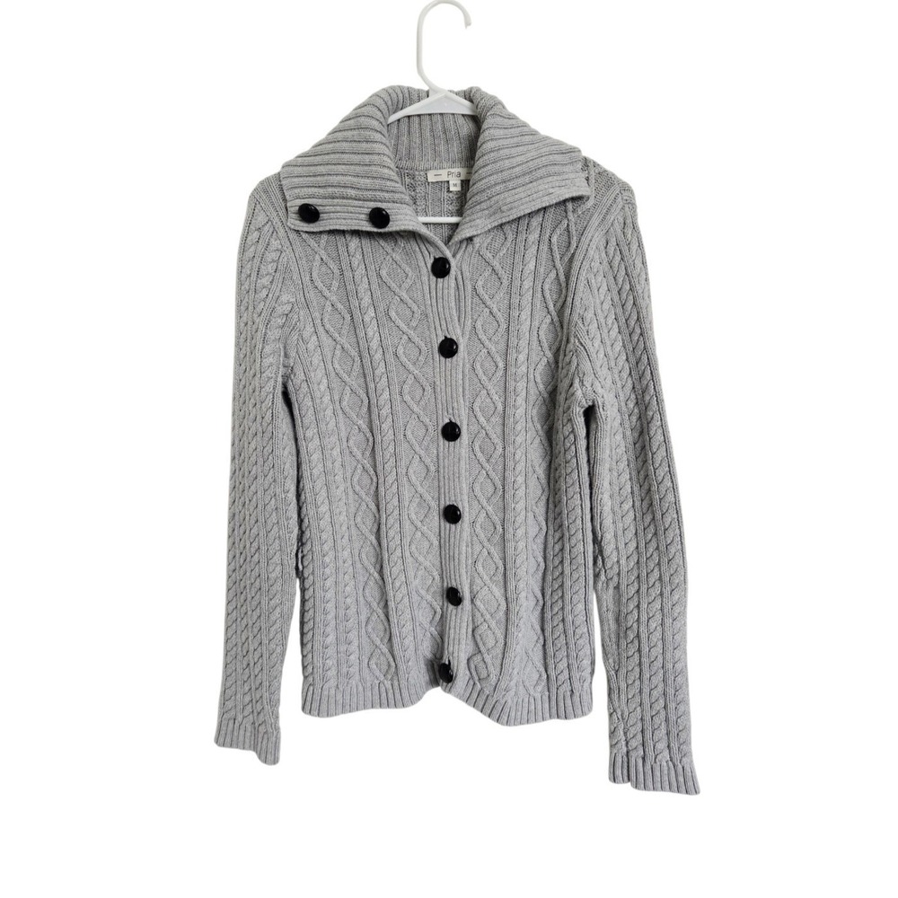 Womens Gray Cable Knit Cardigan M 100% Cotton Shawl Collar Chunky Fisherman